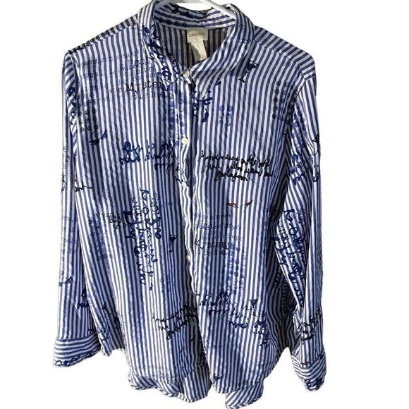 Chicos size 3 = XL blue stripe script print button down top blouse long sl - Picture 1 of 7